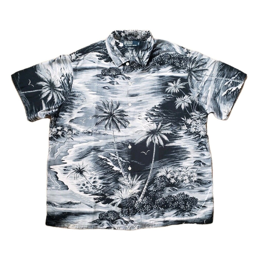 Vintage Polo Ralph Lauren Monochrome Hawaiian XL Mens Button Up Shirt Tropical